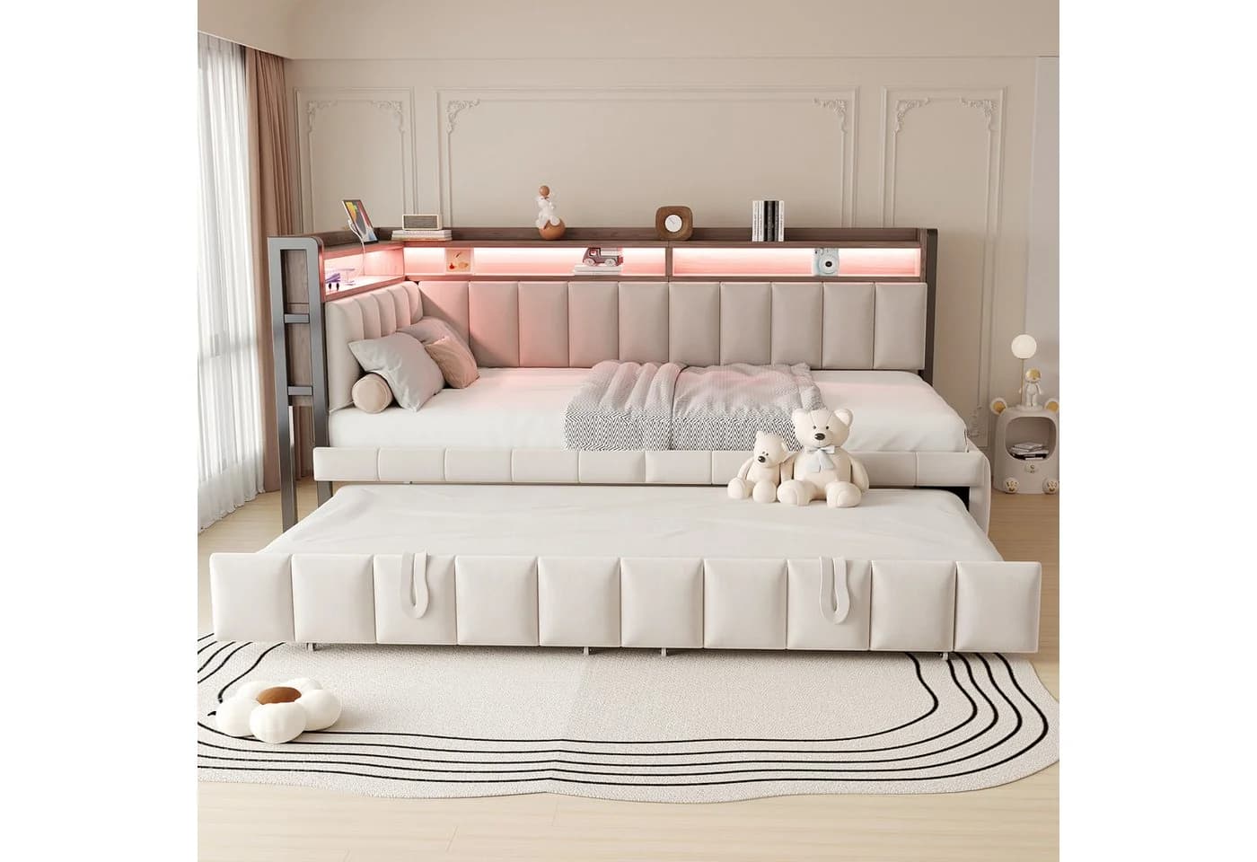 Flieks Daybett LED Polsterbett Schlafsofa 90x200cm mit Aufladen, Ausziehbett 90x190cm