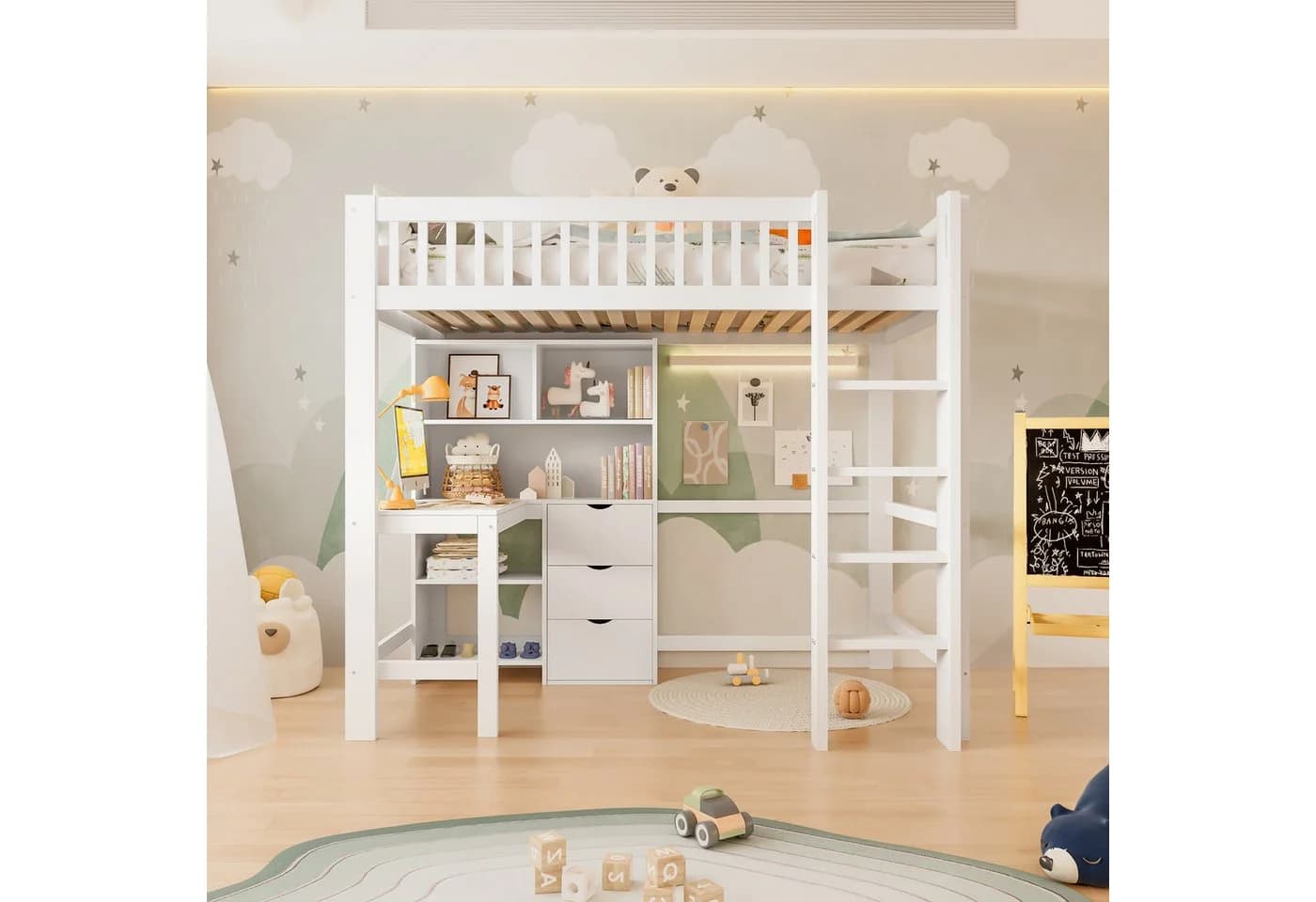 Flieks Hochbett Kinderbett Massivholz mit Schreibtisch und Stauraum