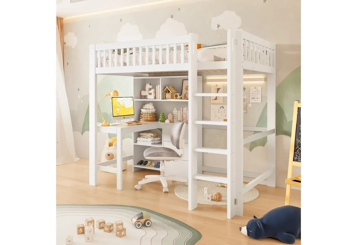 Flieks Hochbett Kinderbett Massivholz mit Schreibtisch und Stauraum - Bild 2