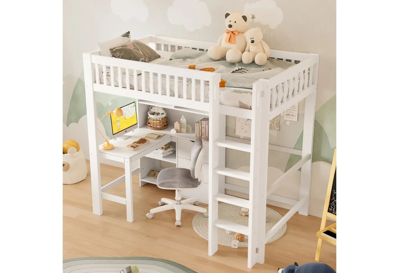 Flieks Hochbett Kinderbett Massivholz mit Schreibtisch und Stauraum - Bild 3