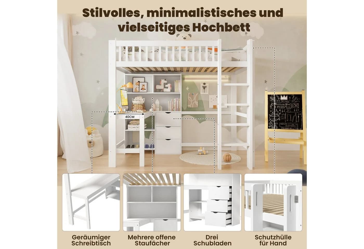 Flieks Hochbett Kinderbett Massivholz mit Schreibtisch und Stauraum - Bild 5