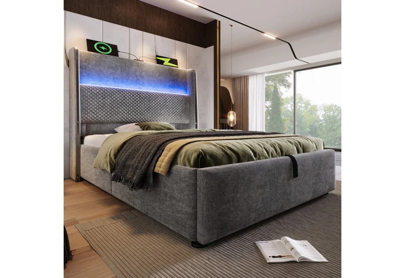 Flieks Polsterbett 90x200 Grau mit LED & USB