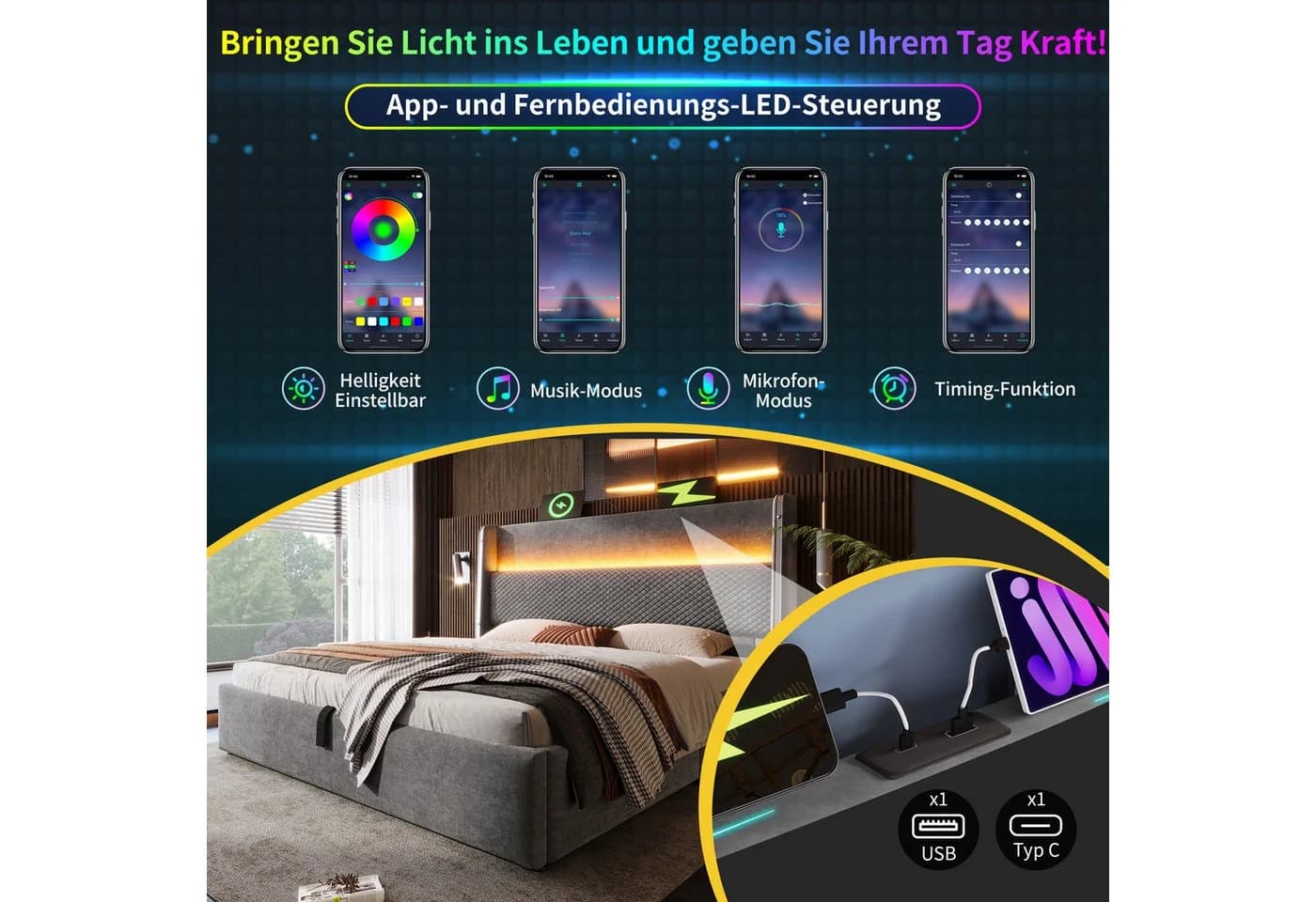 Flieks Polsterbett 90x200 Grau mit LED & USB - Bild 4