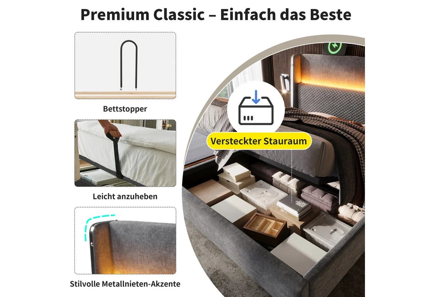 Flieks Polsterbett 90x200 Grau mit LED & USB - Bild 5