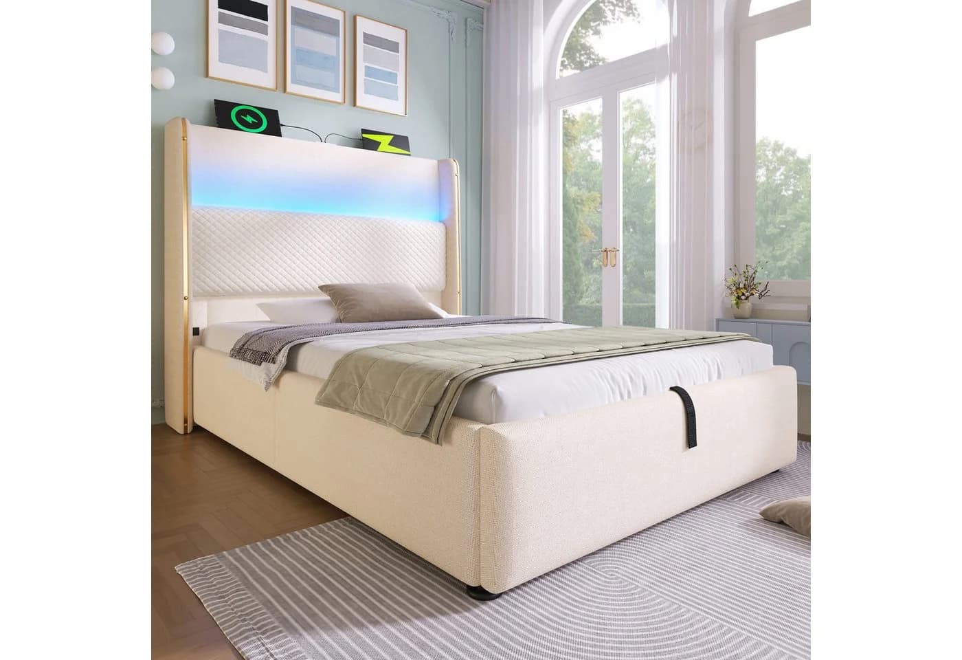 Flieks Polsterbett 90x200 Hydraulisch Stauraum LED USB Beige