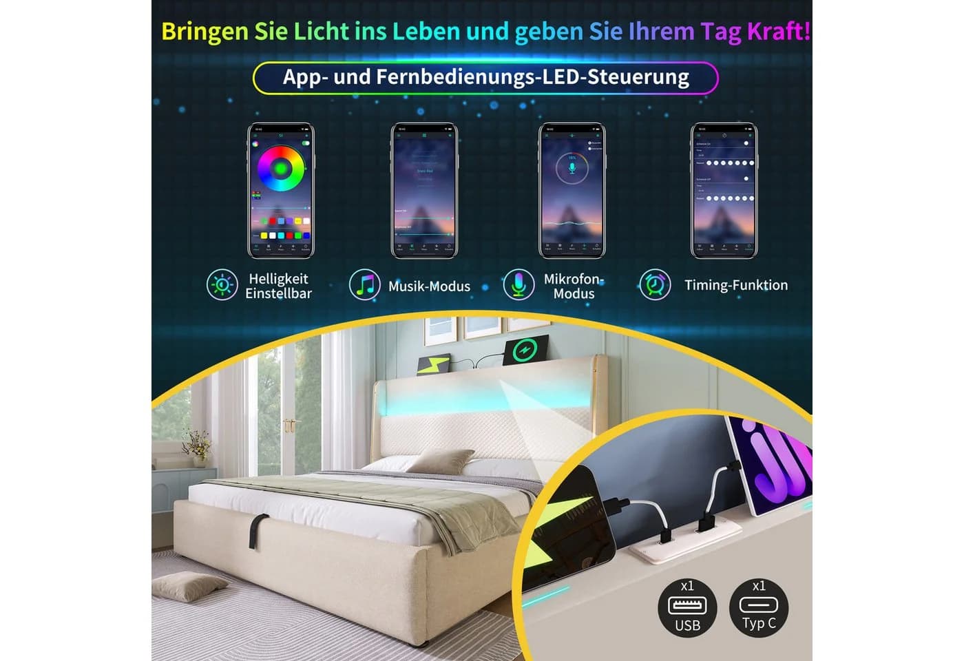 Flieks Polsterbett Beige mit LED & USB - Bild 4