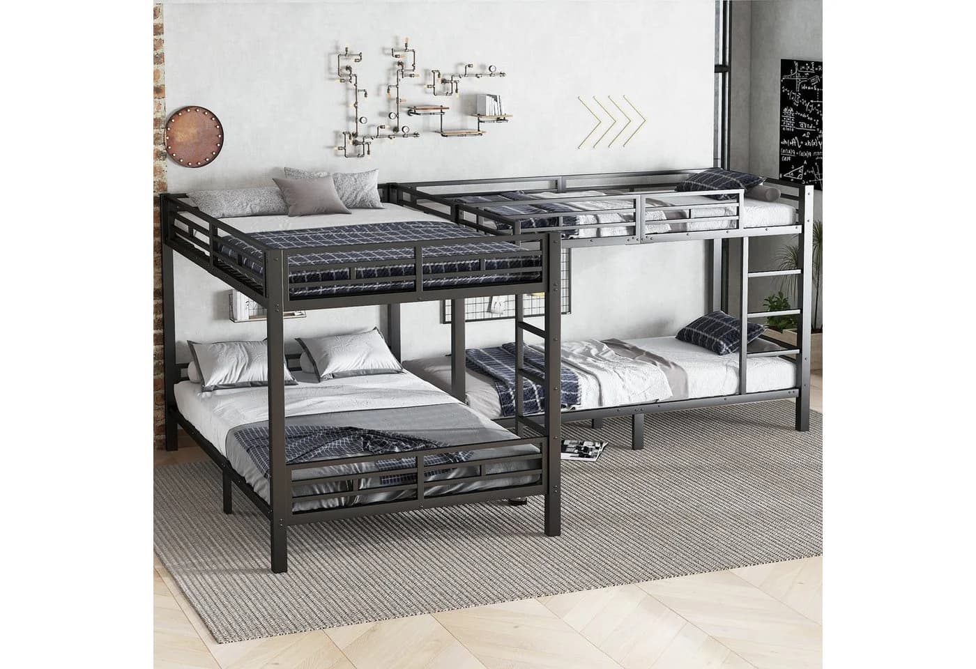 Flieks Etagenbett Eisenbett Kinderbett 90x200cm*2+140x200cm*2 mit Dreistufiger Leiter