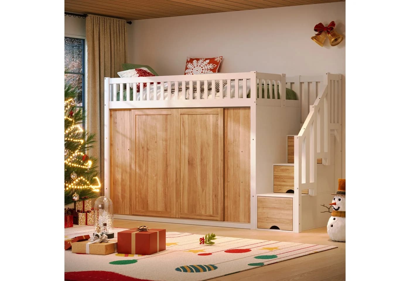 Flieks Hochbett Kinderbett 90x200cm mit LED-Beleuchtung und Stauraum