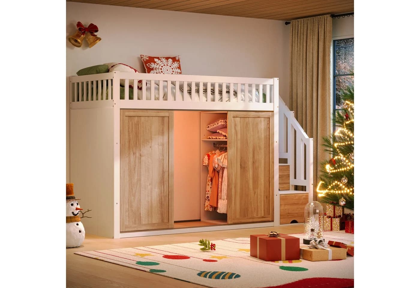 Flieks Hochbett Kinderbett 90x200cm mit LED-Beleuchtung und Stauraum - Bild 3