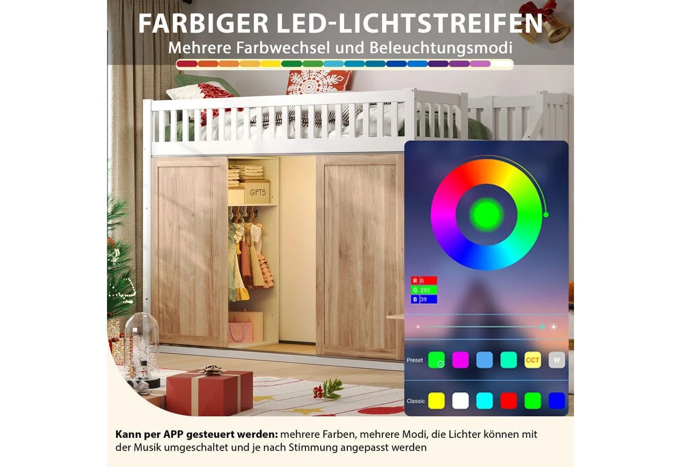 Flieks Hochbett Kinderbett 90x200cm mit LED-Beleuchtung und Stauraum - Bild 4