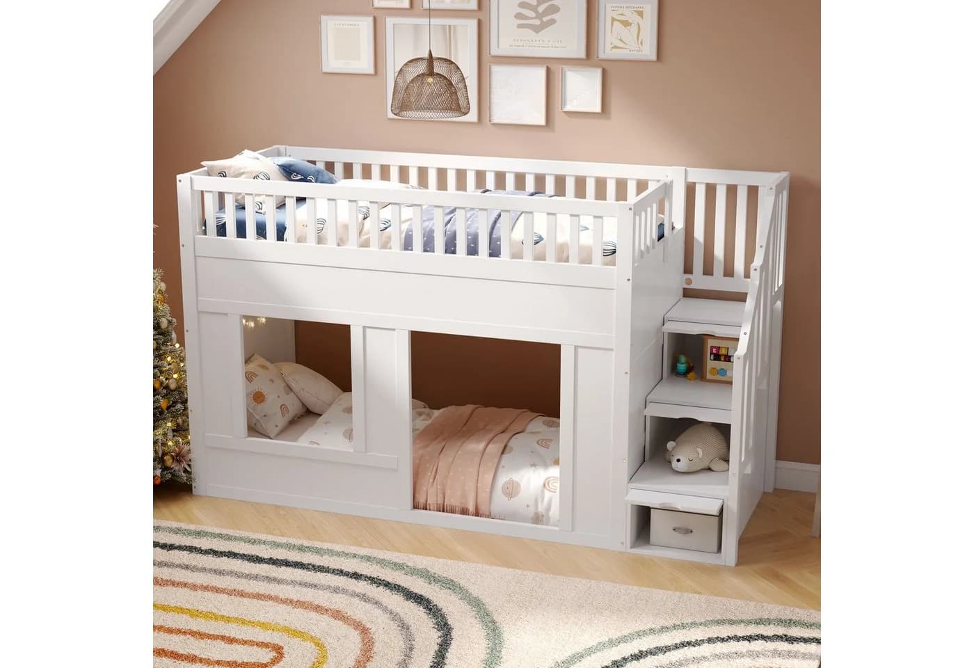 Flieks Hochbett Kinderbett Hausbett 90x200cm mit Stauraumtreppe