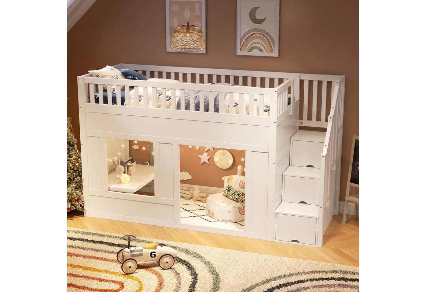 Flieks Hochbett Kinderbett Hausbett 90x200cm mit Stauraumtreppe - Bild 3
