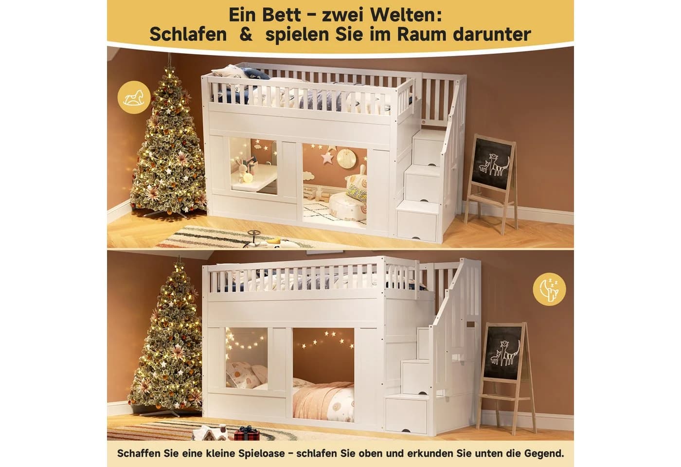 Flieks Hochbett Kinderbett Hausbett 90x200cm mit Stauraumtreppe - Bild 5