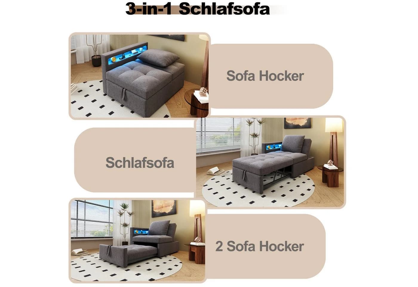 Flieks Daybett Polsterbett Schlafsofa mit verstellbarer Rückenlehne LED USB/Typ-C - Bild 5