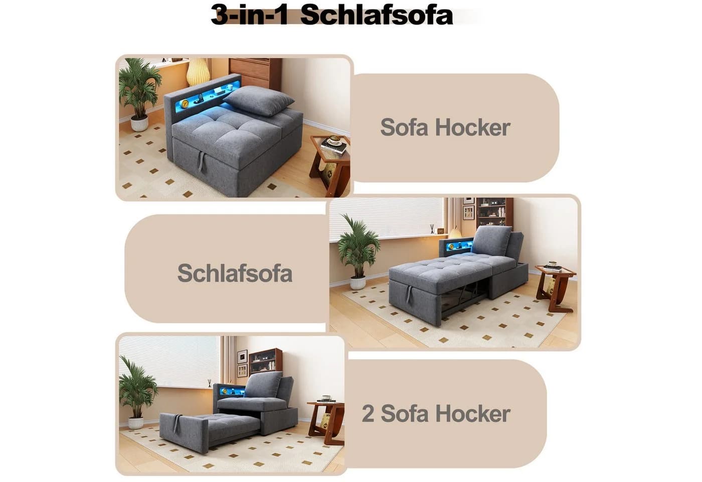 Flieks Daybett Polsterbett Schlafsofa mit verstellbarer Rückenlehne LED USB Typ-C - Bild 5