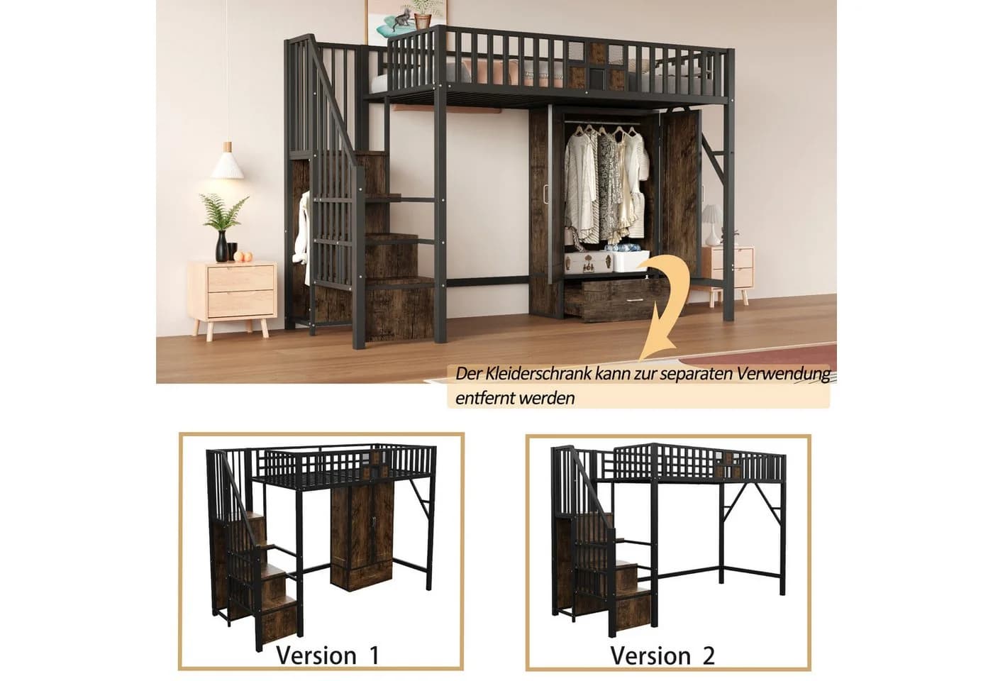 Flieks Hochbett Metallbett 90x200cm mit Kleiderschrank, Schublade und Stauraumtreppe - Bild 3