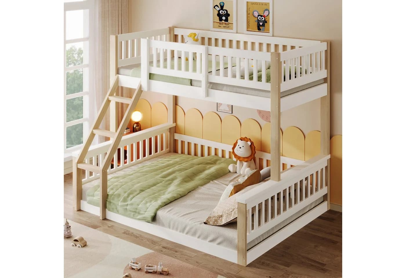 Flieks Etagenbett Kinderbett 90x200cm+140x200cm mit Schrägleiter und Sicherheitsgeländer