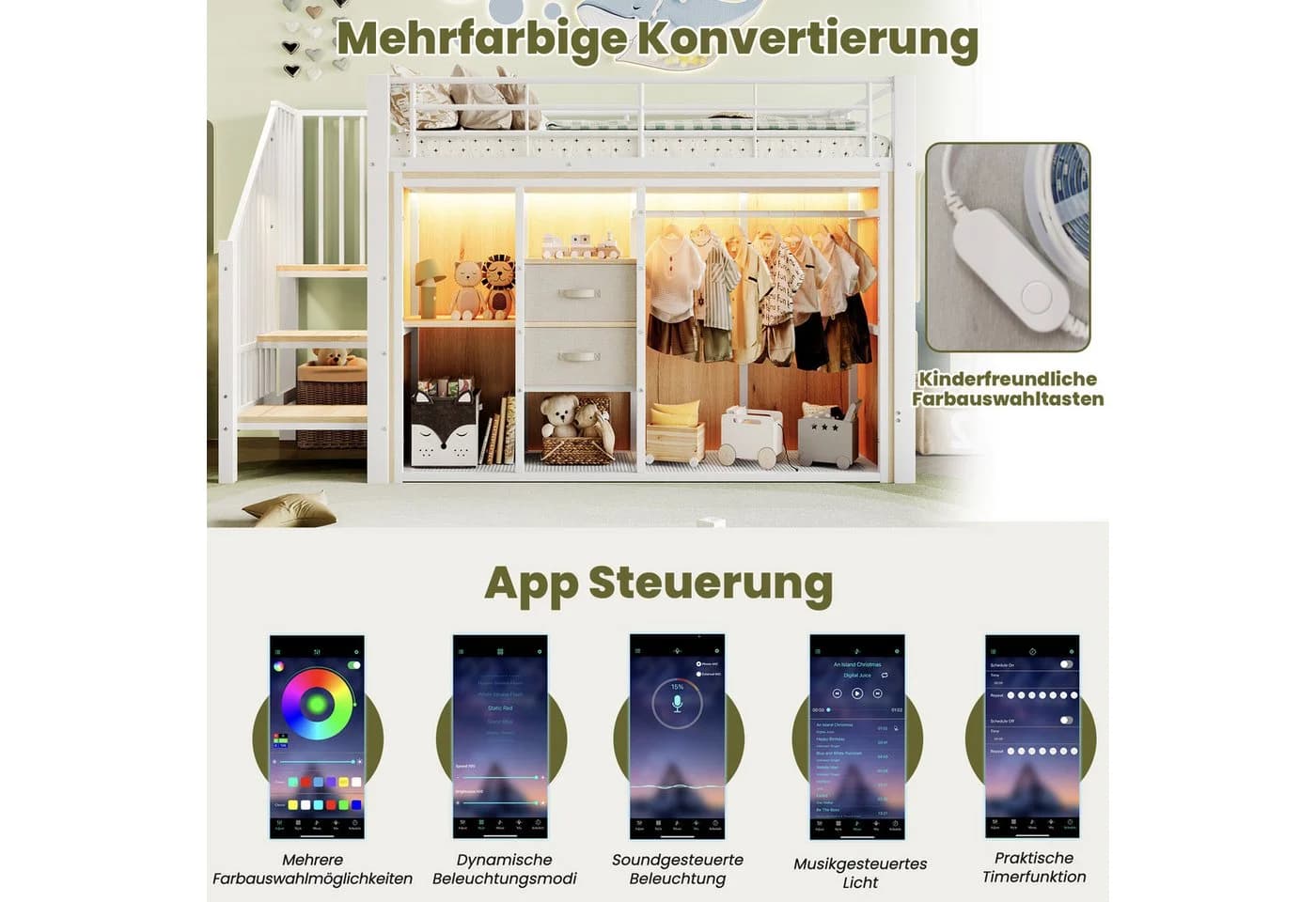Flieks Hochbett Metall Kinderbett 90x200 mit LED und Kleiderschrank Weiß - Bild 5