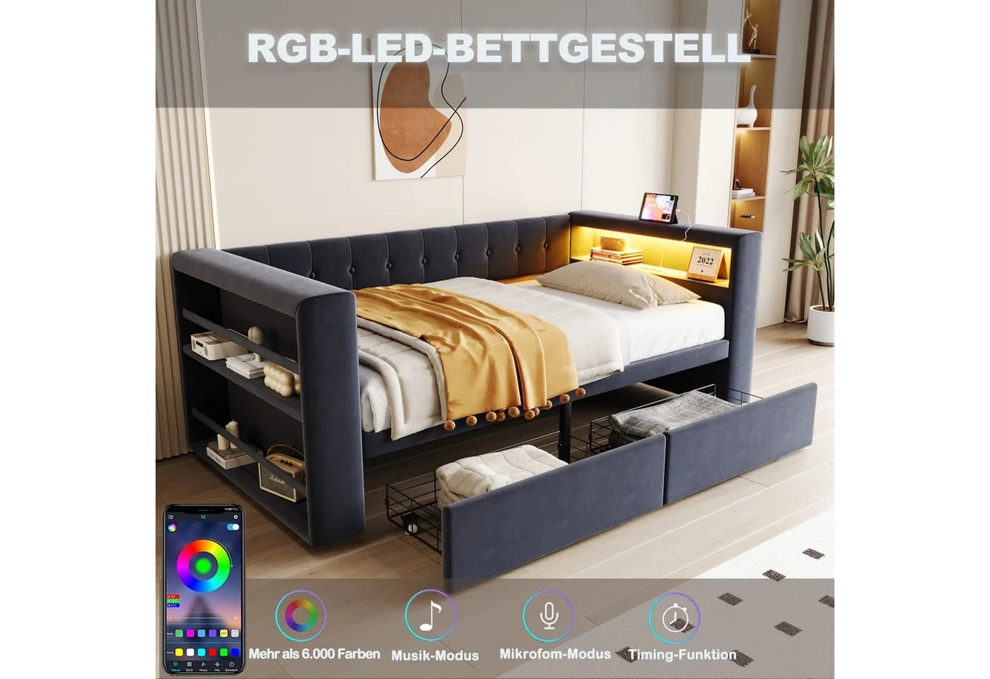 Flieks Daybett Polsterbett Schlafsofa 90x190cm mit LED, Steckdose und 2 Schubladen - Bild 4