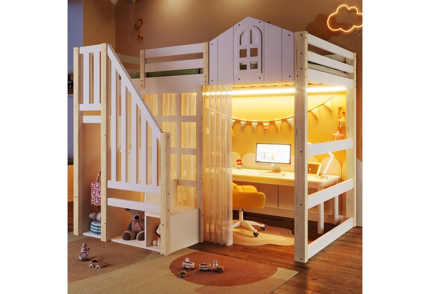 Flieks Hochbett Kinderbett Hausbett 140x200cm mit LED, Gazevorhang, Stauraumtreppe - Bild 2