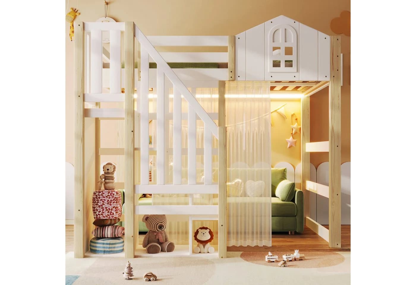Flieks Hochbett Kinderbett Hausbett 140x200cm mit LED, Gazevorhang, Stauraumtreppe - Bild 3