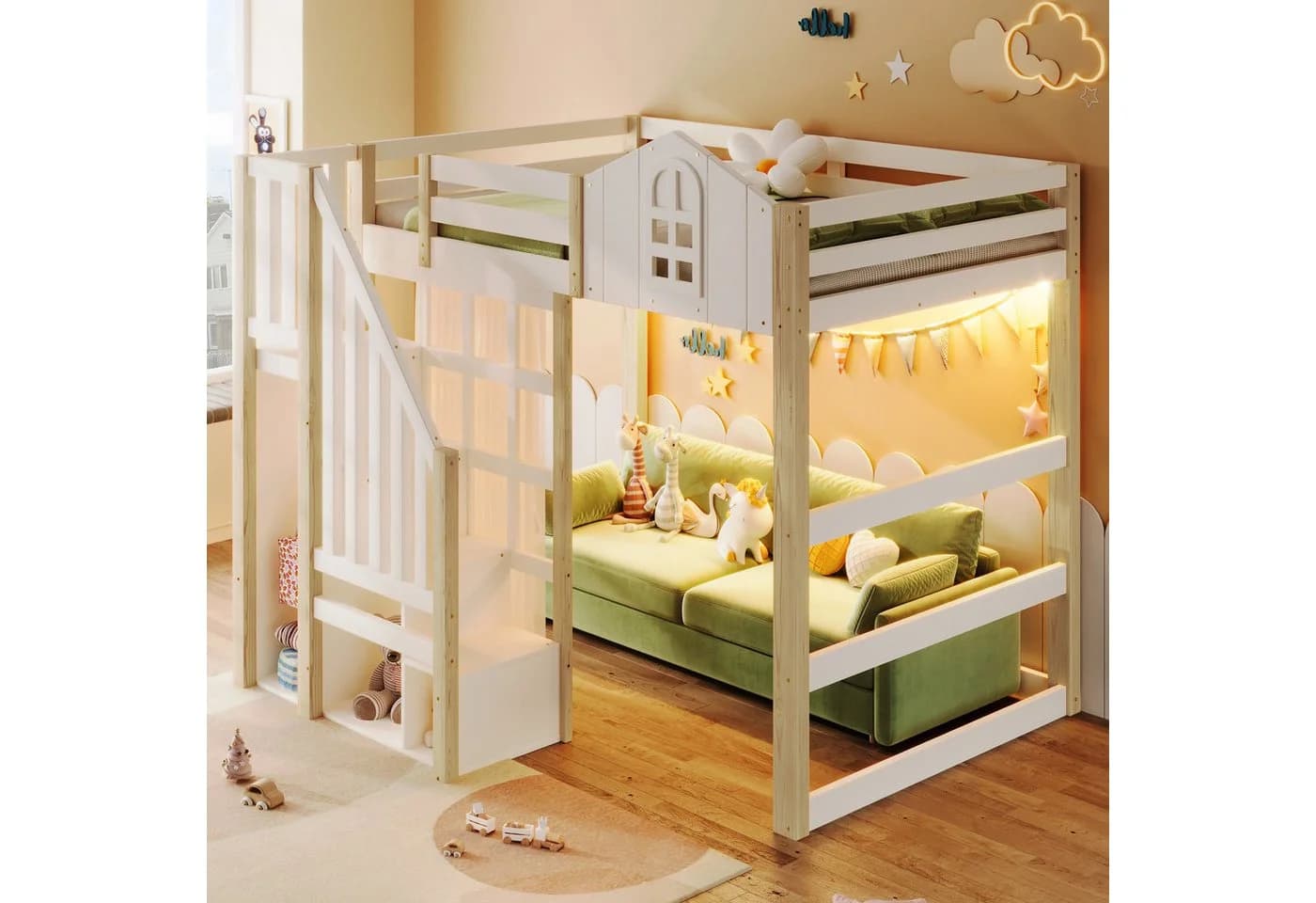 Flieks Hochbett Kinderbett Hausbett 140x200cm mit LED, Gazevorhang, Stauraumtreppe - Bild 4