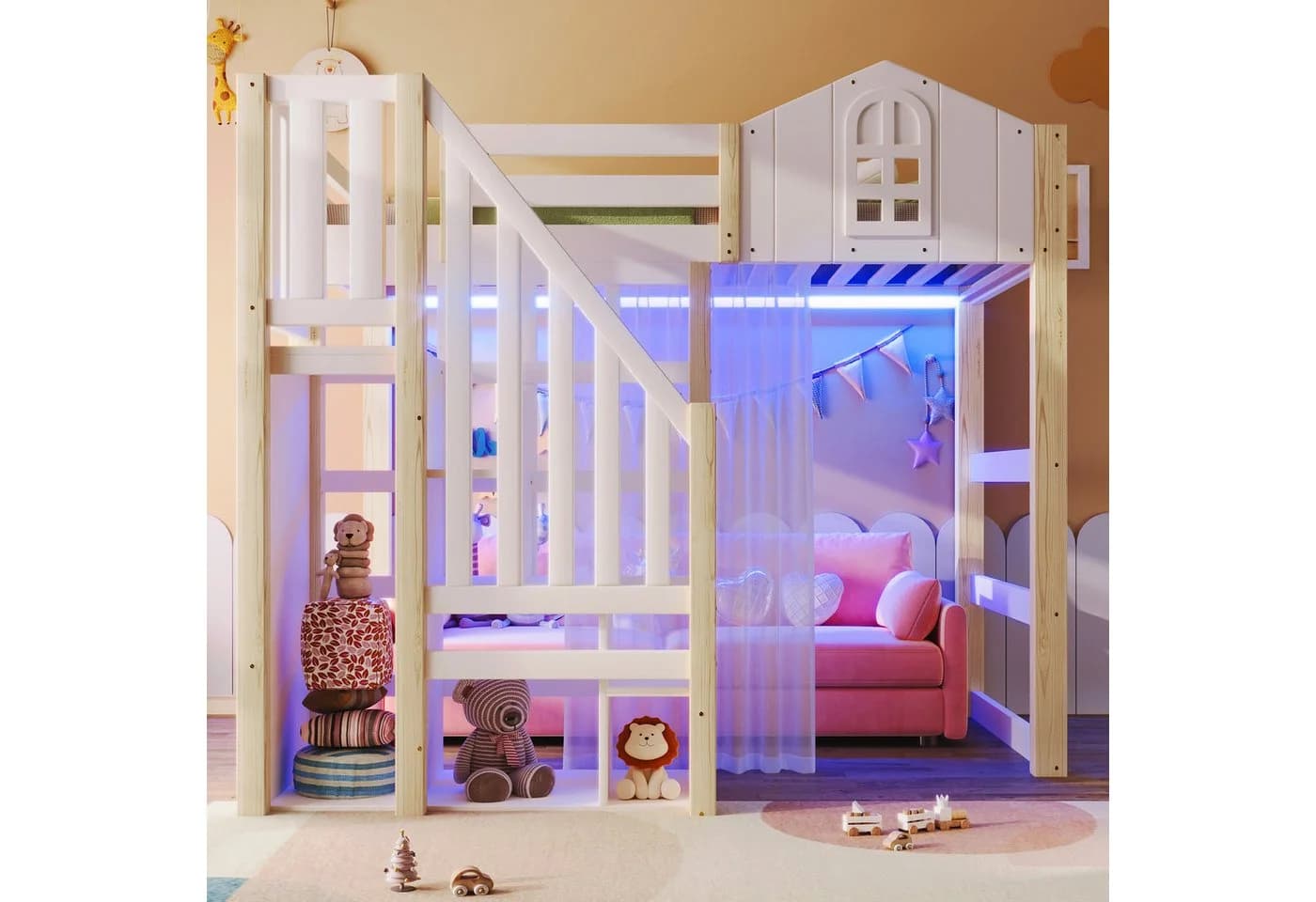 Flieks Kinderbett Hausbett mit LED und Stauraumtreppe - Bild 3