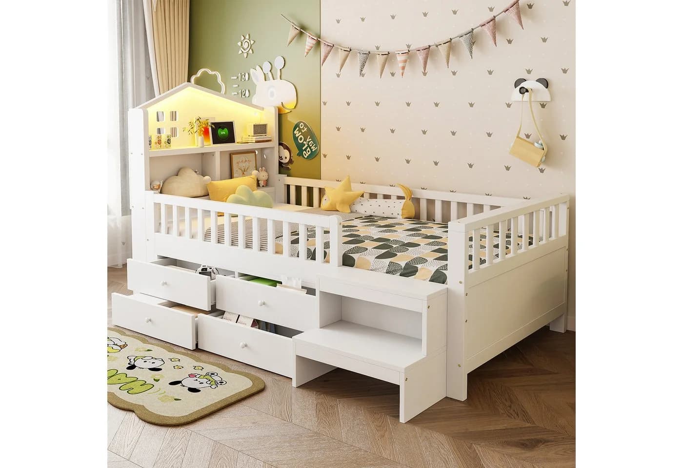 Flieks Kinderbett Halbhochbett Hausbett 90x200cm USB/Typ-C