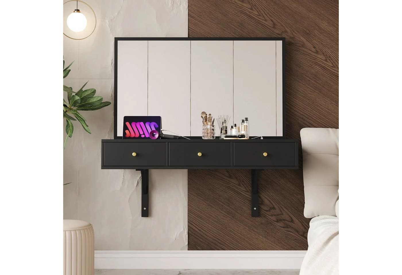 Flieks Schminktisch Hängender 100x45x105cm mit Spiegel, Schublade, Steckdosen