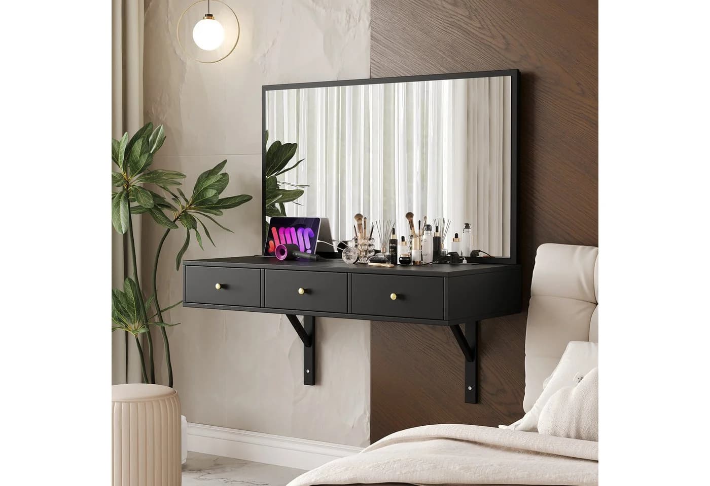 Flieks Schminktisch Hängender 100x45x105cm mit Spiegel, Schublade, Steckdosen - Bild 2