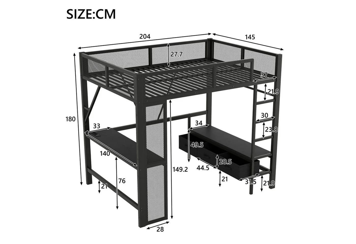 Flieks Hochbett Metallbett 140x200cm mit Schreibtisch und Schubladen - Bild 5