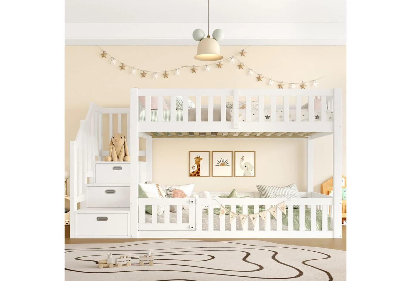 Flieks Etagenbett Kinderbett 90x200cm Massivholz Stauraumtreppe