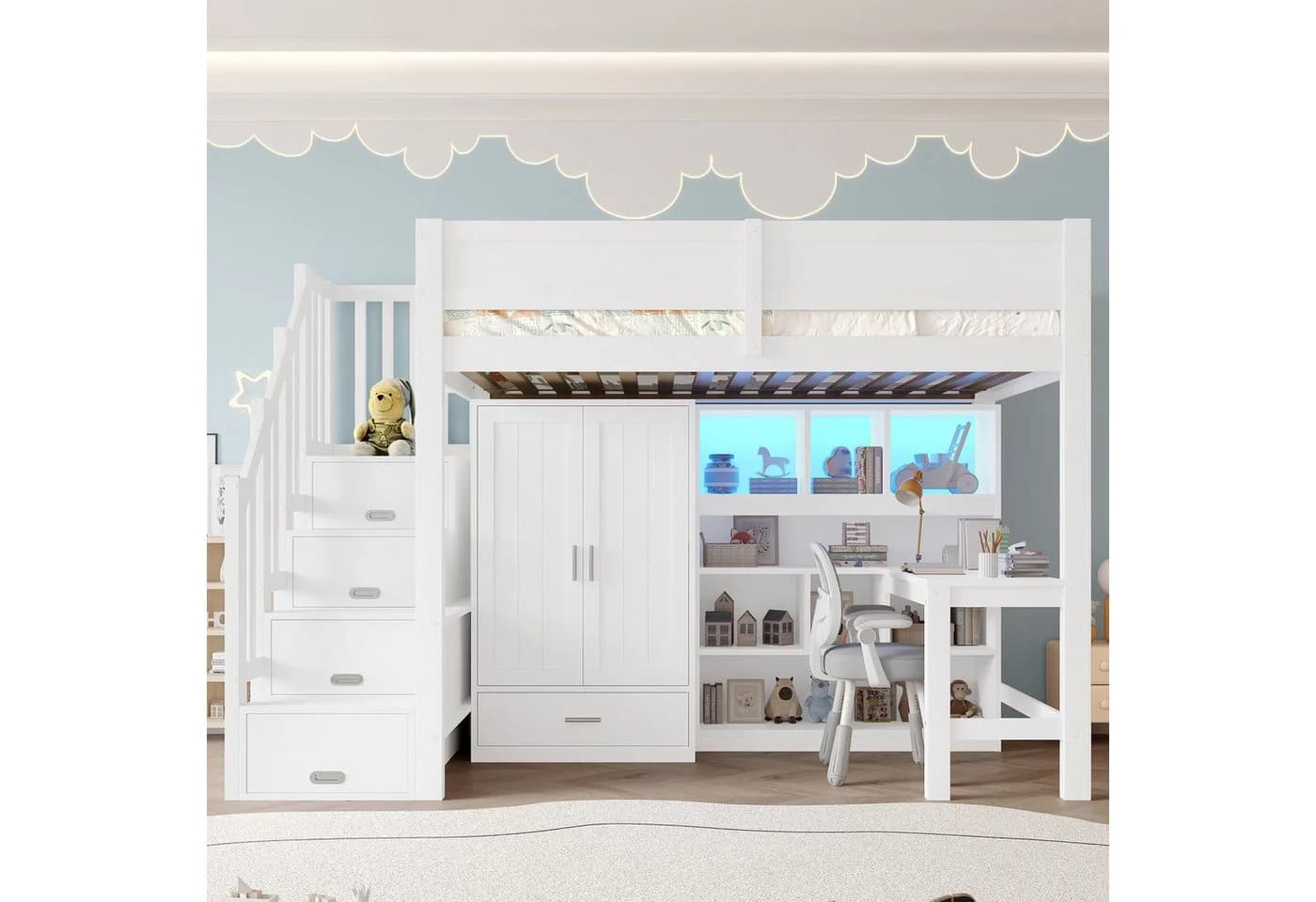Flieks Hochbett Kinderbett 90x200cm mit Schreibtisch und Stauraum