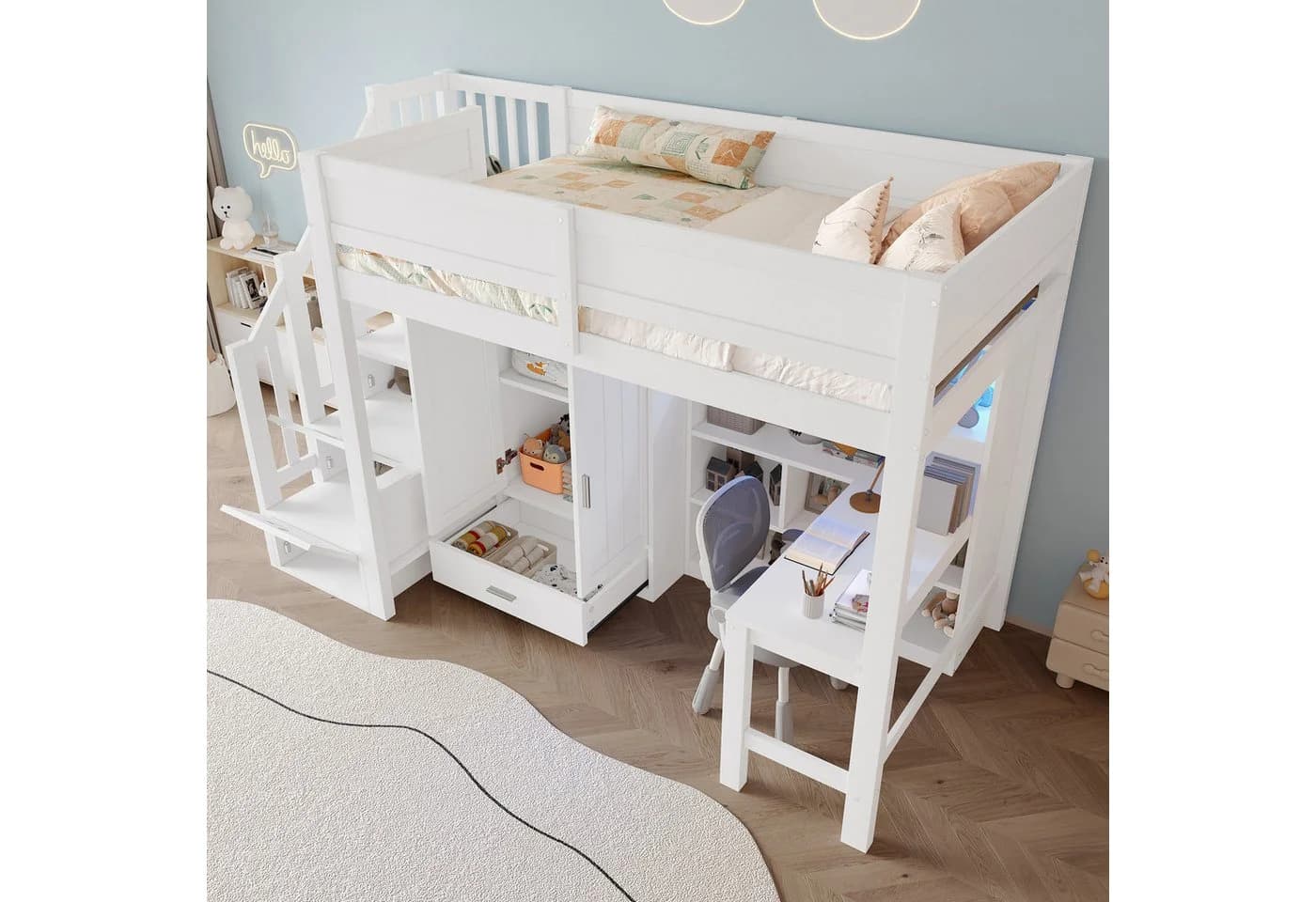 Flieks Hochbett Kinderbett 90x200cm mit Schreibtisch und Stauraum - Bild 4