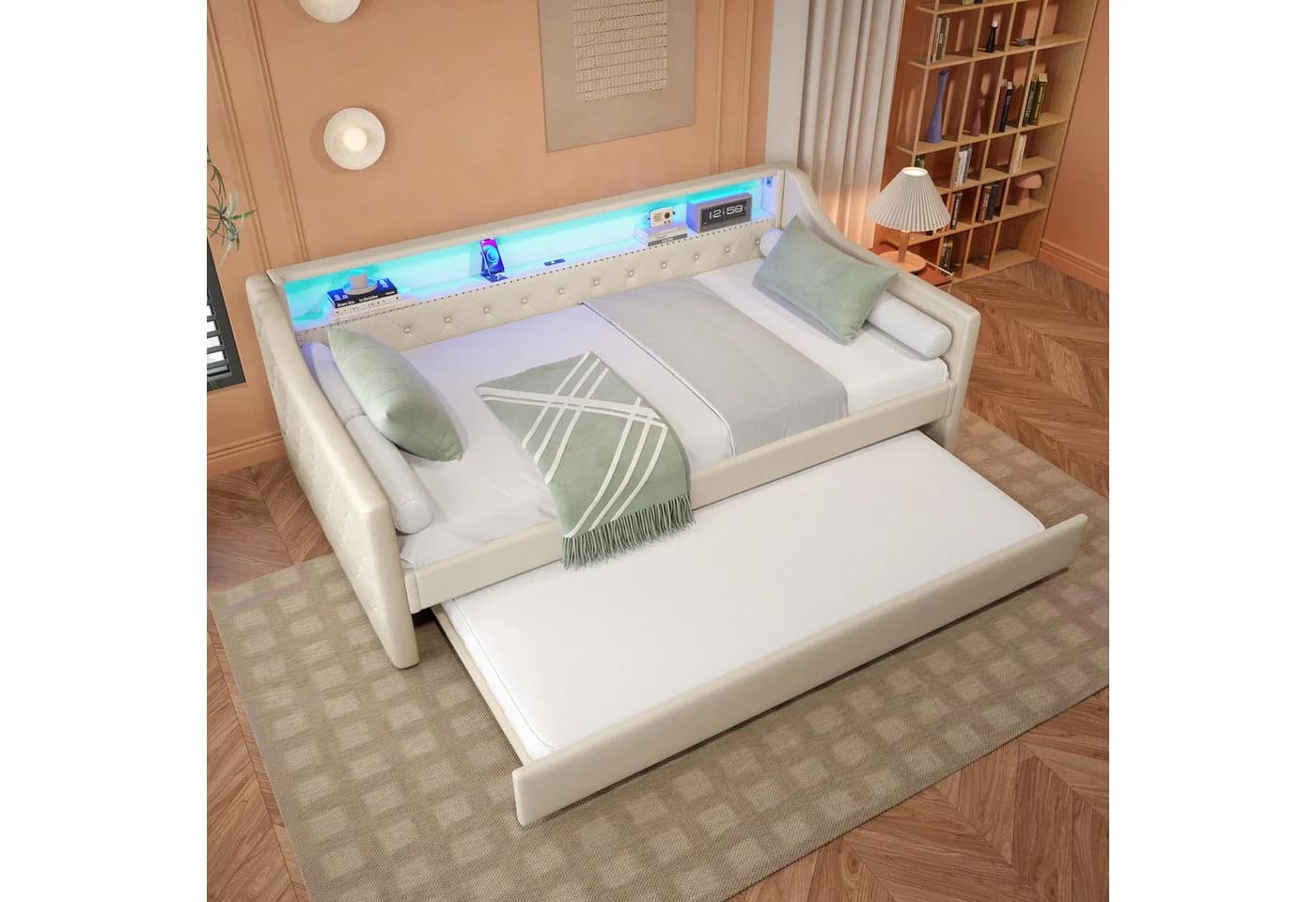 Flieks Daybett LED Polsterbett Tagesbett 90x200cm mit Ausziehbett USB-Ladebuchse