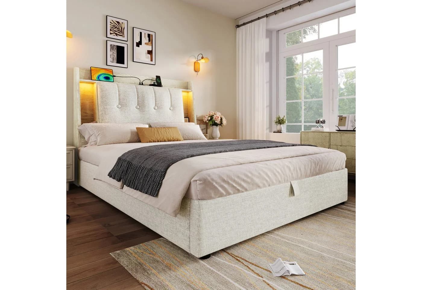 Flieks Polsterbett 90x200 mit Stauraum, USB & LED Beige