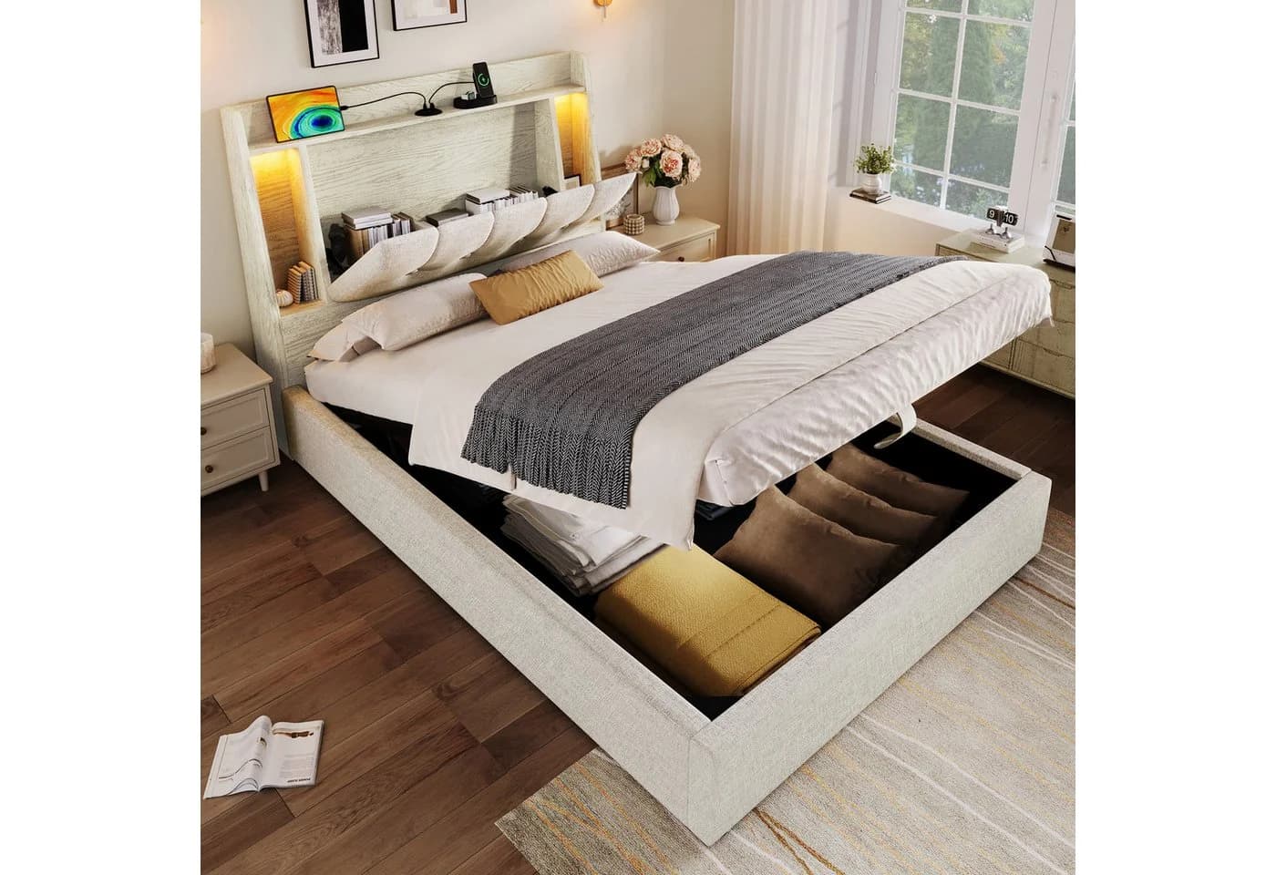 Flieks Polsterbett 90x200 mit Stauraum, USB & LED Beige - Bild 2