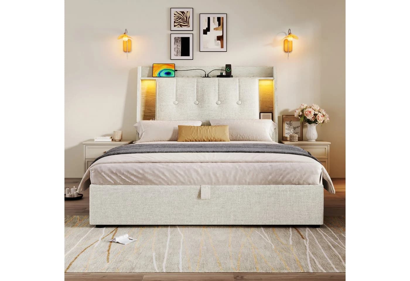 Flieks Polsterbett 90x200 mit Stauraum, USB & LED Beige - Bild 3