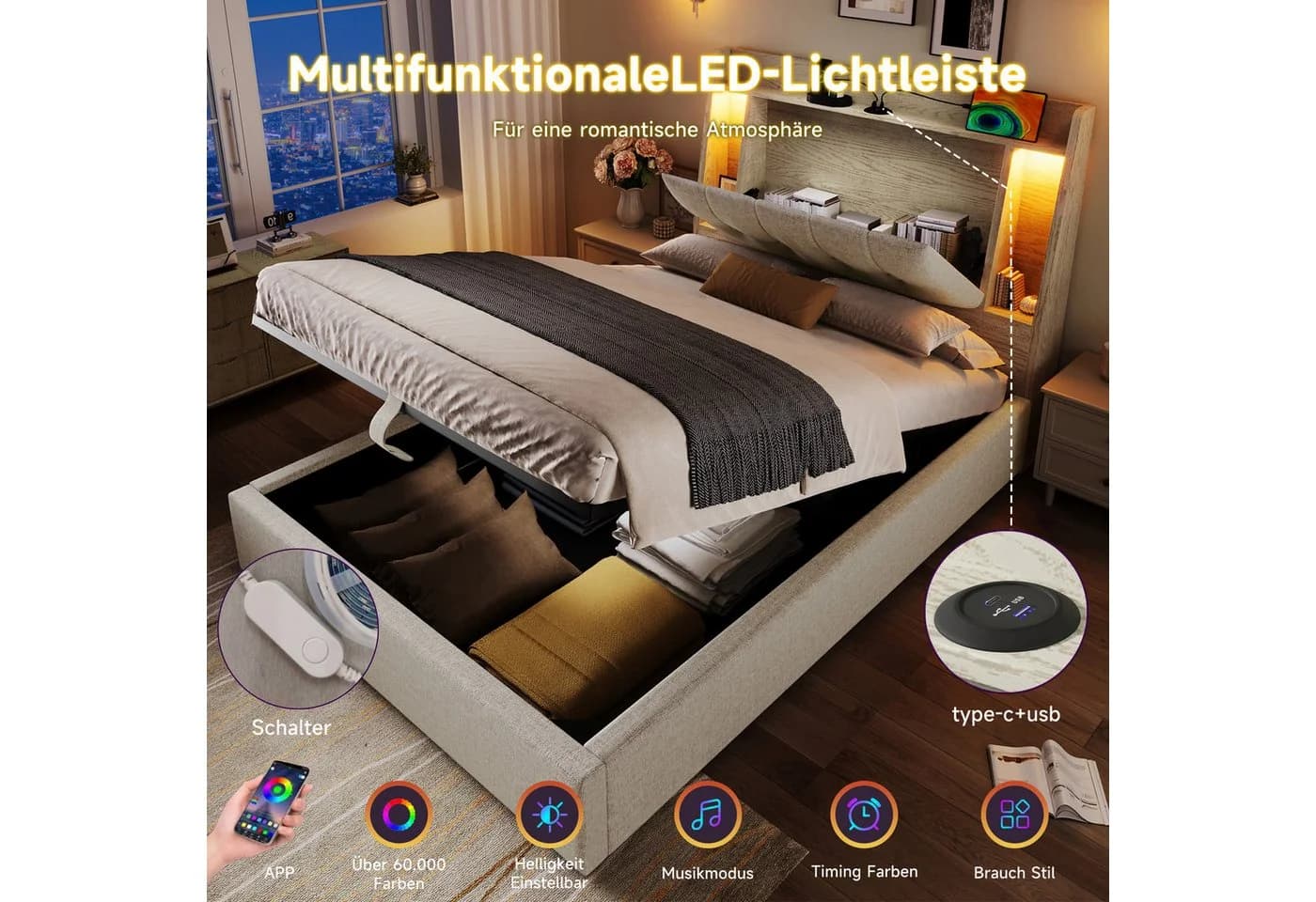Flieks Polsterbett 90x200 mit Stauraum, USB & LED Beige - Bild 4