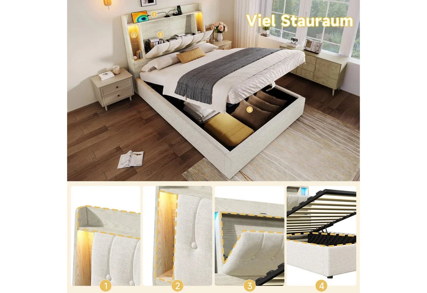 Flieks Polsterbett 90x200 mit Stauraum, USB & LED Beige - Bild 5