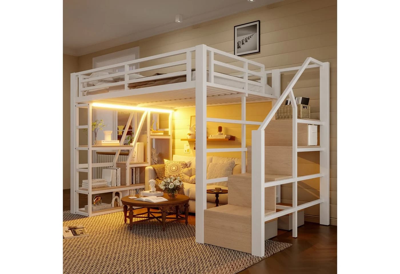 Flieks Hochbett Metallbett mit LED-Leiste, Regalen und Treppe - Bild 2