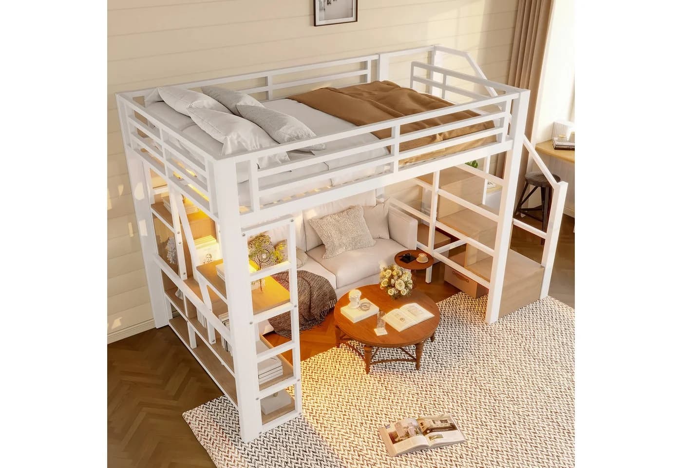 Flieks Hochbett Metallbett mit LED-Leiste, Regalen und Treppe - Bild 4