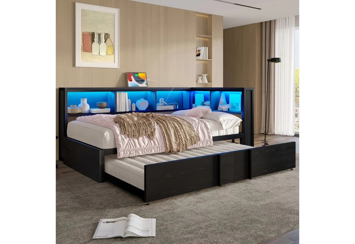 Flieks Daybett Metall-Tagesbett 90x200cm mit Ausziehbett 90x190cm LED und Aufladen