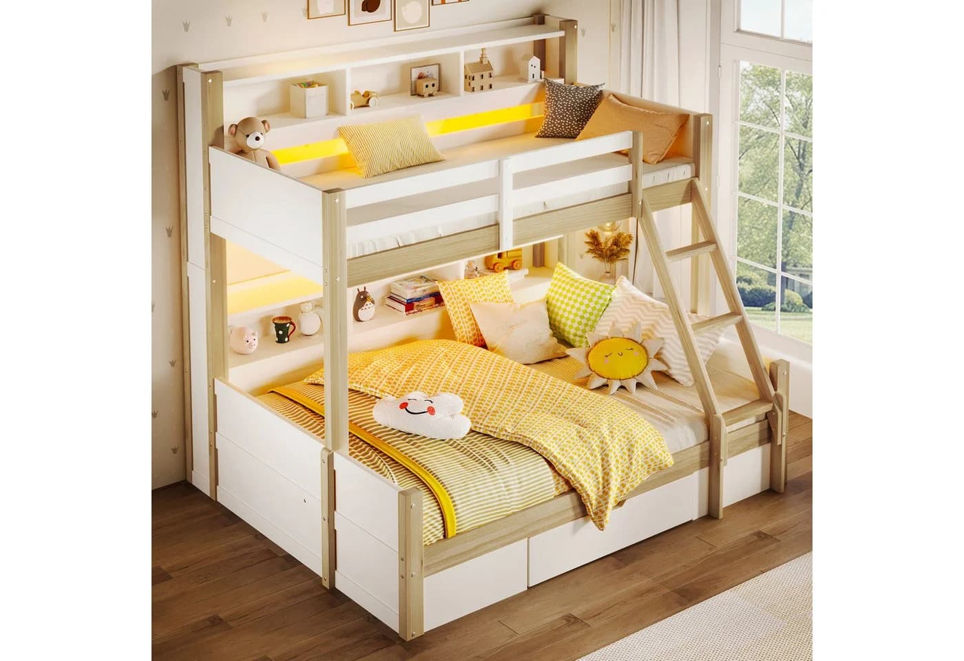 Flieks Etagenbett Kinderbett 90x200+140x200cm mit Schrägleiter Schublade LED-Lichtleiste