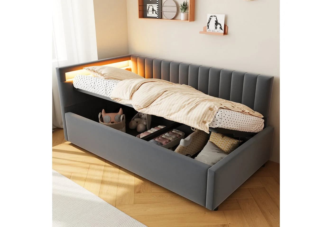 Flieks Daybett Polsterbett Schlafsofa Einzelbett 90x200cm mit hydraulischem Stauraum - Bild 2