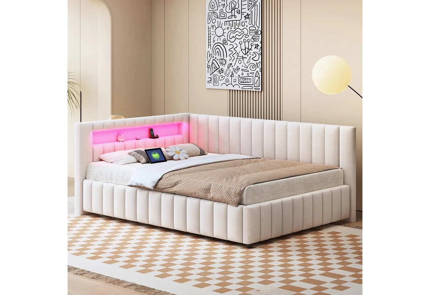 Flieks Daybett Polsterbett Schlafsofa Beige Samt mit LED & USB - Bild 2
