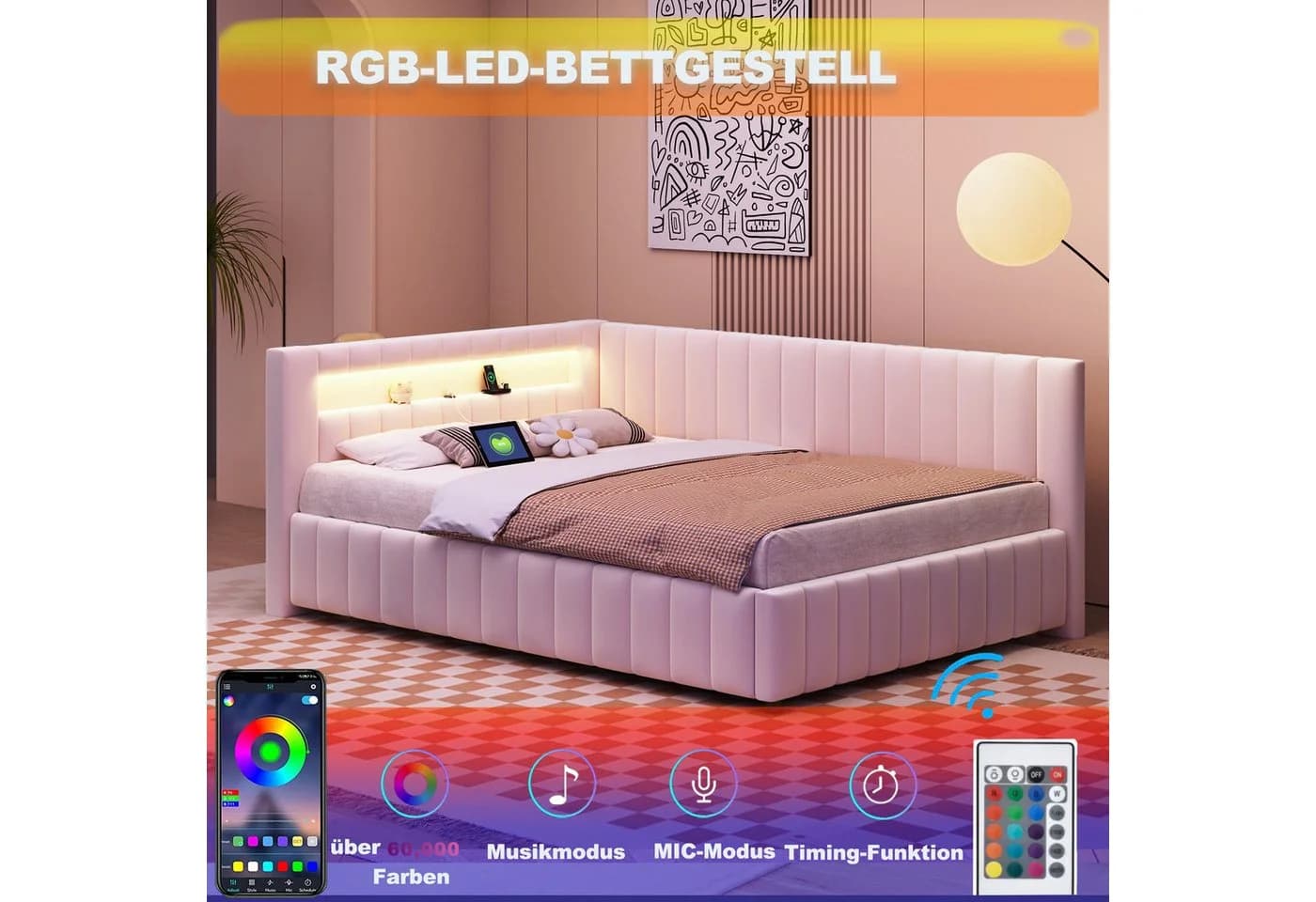 Flieks Daybett Polsterbett Schlafsofa Beige Samt mit LED & USB - Bild 3