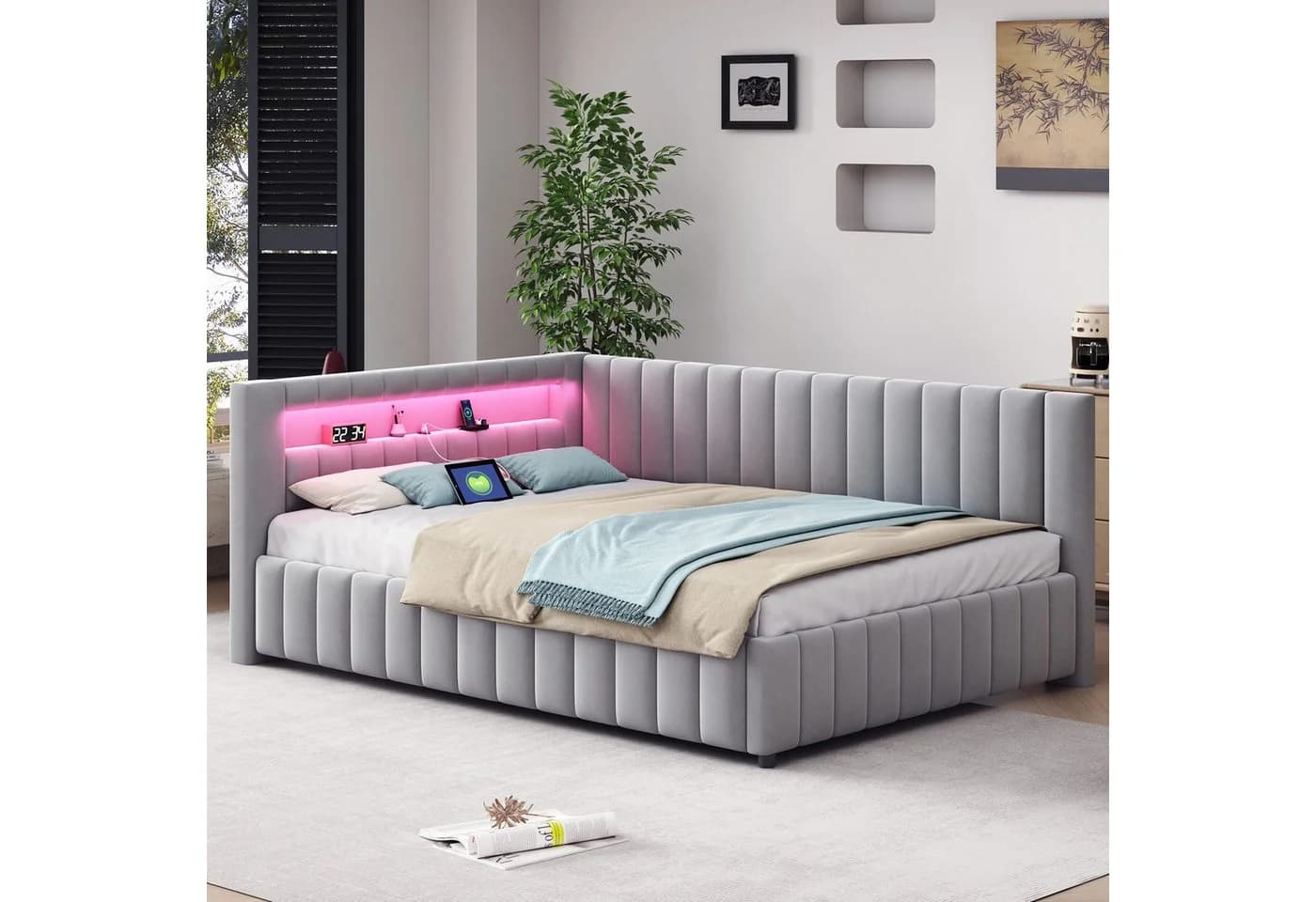 Flieks Polsterbett mit LED & USB grau Samt - Bild 2