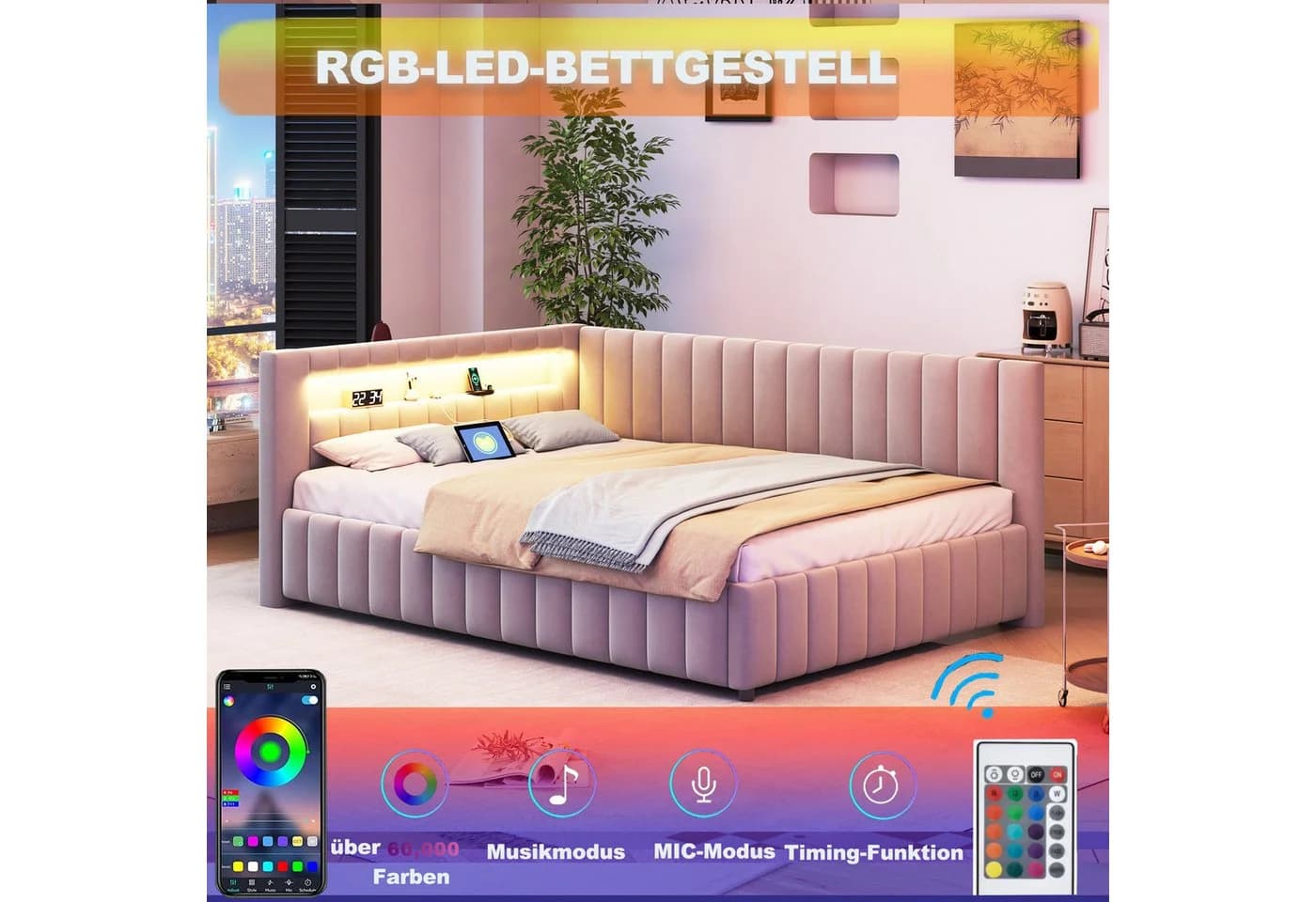 Flieks Polsterbett mit LED & USB grau Samt - Bild 3