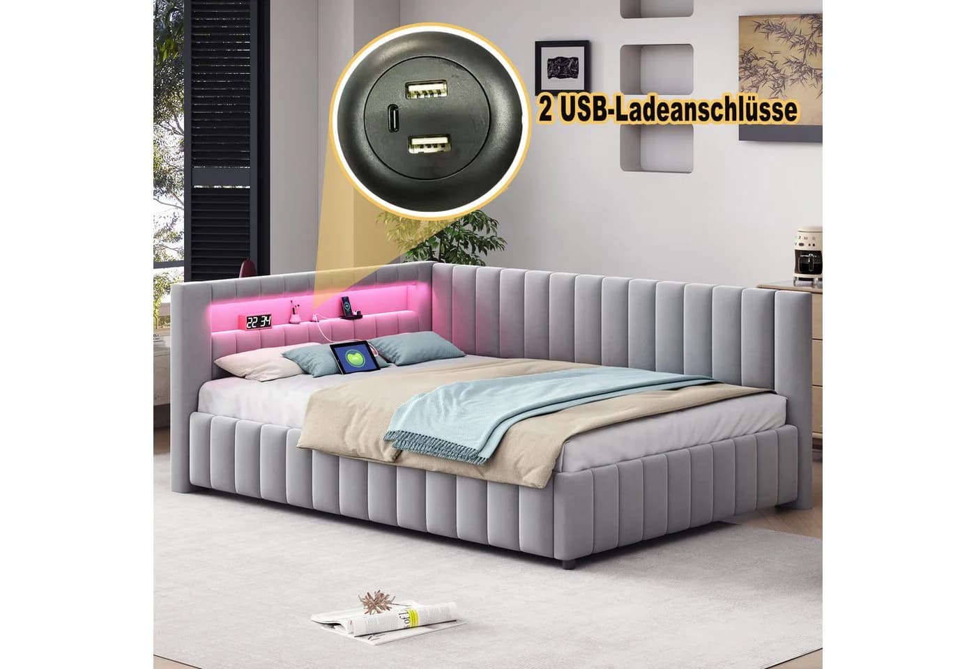 Flieks Polsterbett mit LED & USB grau Samt - Bild 4